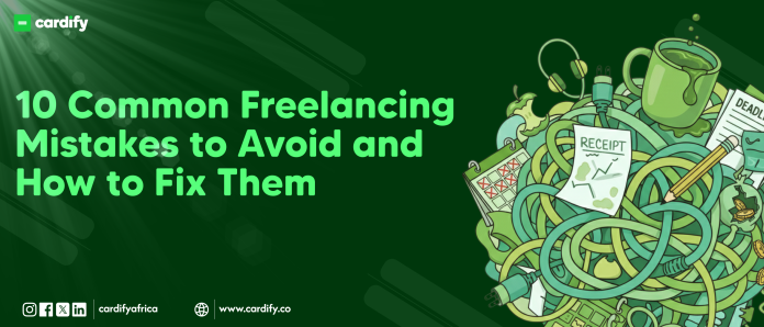 Graphic illustration of freelancing mistakes to avoid, highlighting tips for freelancers to manage clients, finances, and payments effectively