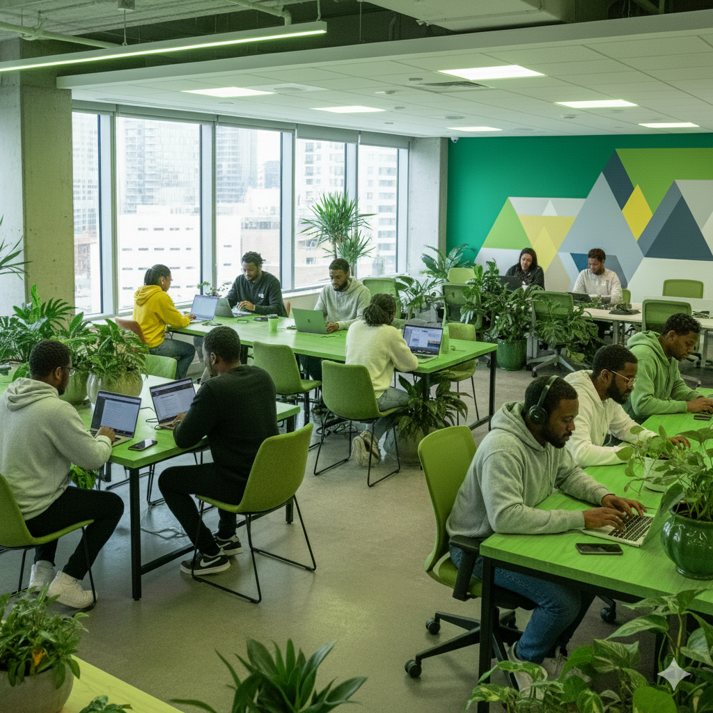 Freelancers working on laptops in a shared workspace, representing the importance of avoiding common freelancing mistakes to build a successful career.